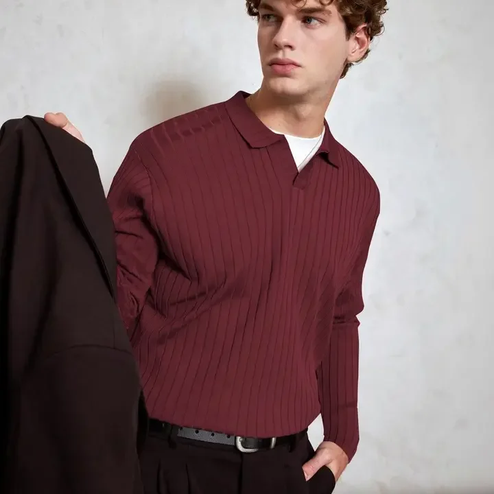 HAPPY KHAJANA Men Striped V-Neck T-shirt, Maroon