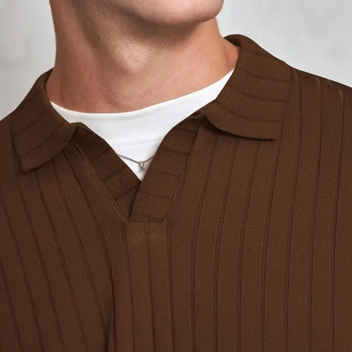 HAPPY KHAJANA Men Striped V-Neck T-shirt, Brown