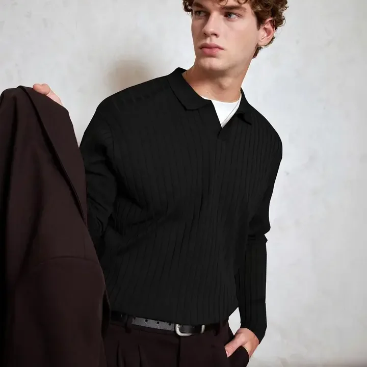 HAPPY KHAJANA Men Striped V-Neck T-shirt, Black