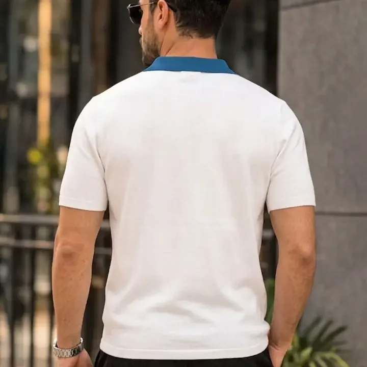 THE BEETEL HOUSE Men Striped Polo Collar T-shirt, White