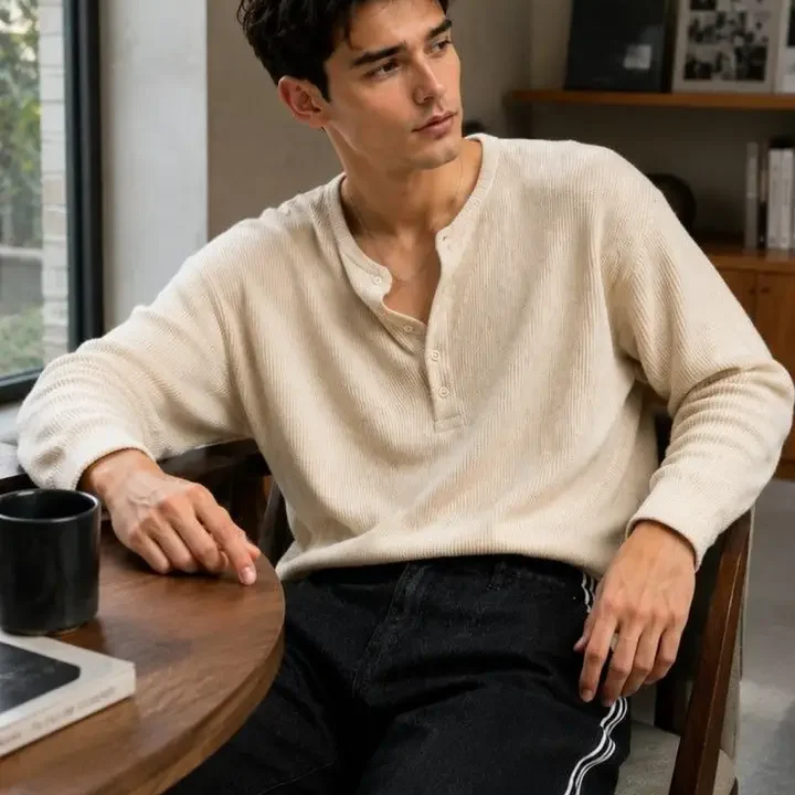 Netclick Men Henley Neck T-shirt, Beige