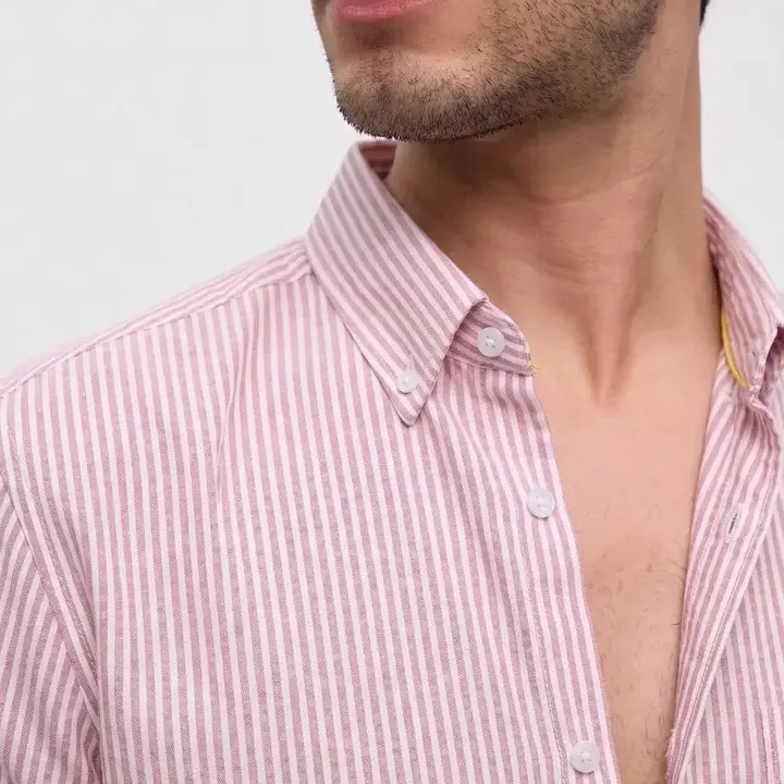 OQUENT Men Standard Striped Casual Shirt, Pink