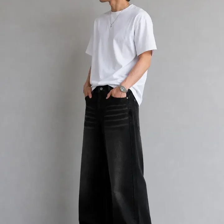 Line out line Men Wide Leg Mid-Rise Jeans, Black