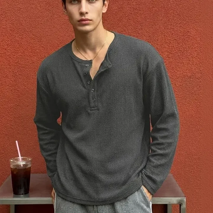 Netclick Men Henley Neck T-shirt, Grey