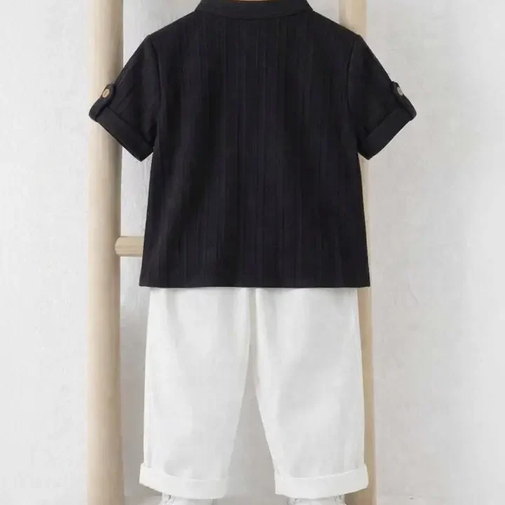 little heaven Self Design Shirt with Trousers, Black