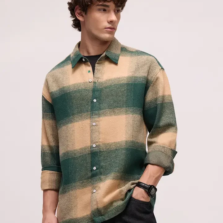 CAHOOT Men's Oversized Fit Buffalo Check Flannel Shirt, Green