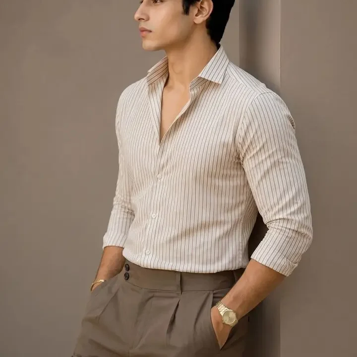 INDOPRIMO Men Cotton Standard Striped Casual Shirt, Cream