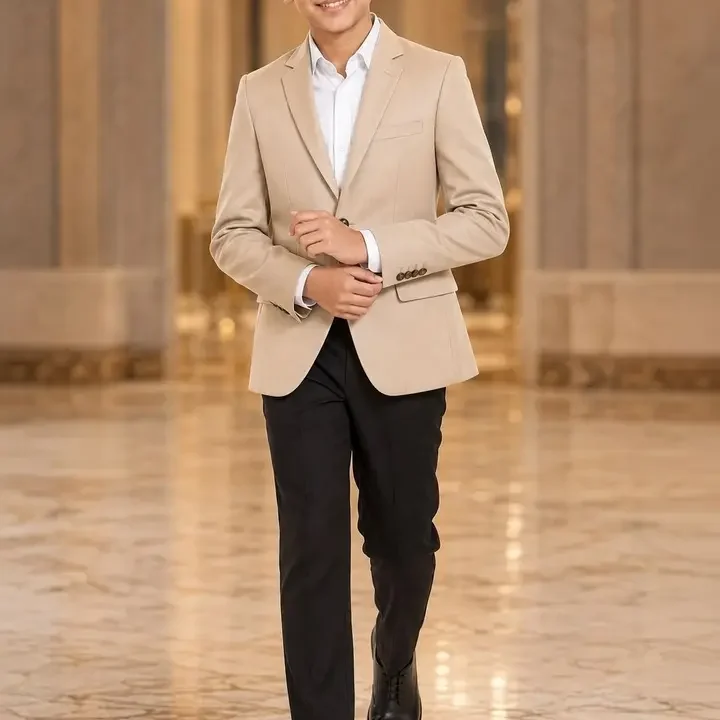 Integration Boys Notched Lapel Single-Breasted Slim Fit Casual Blazers, Beige