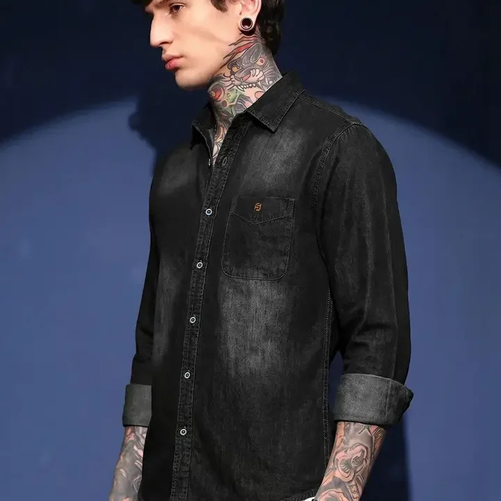 FABFARM Men Comfort Faded Faded Casual Shirt, Black