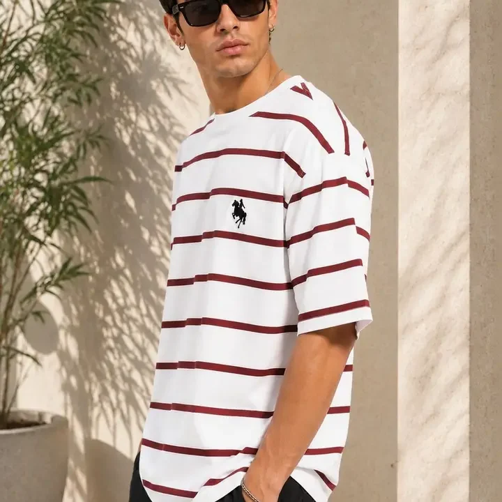 LAUREN ADAMS Men Oversized Striped Cotton T-shirt, White