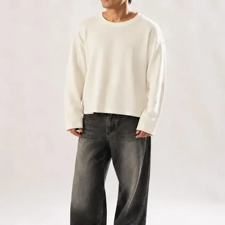 Men's Boxy Fit Self Design Round Neck T-shirt, White