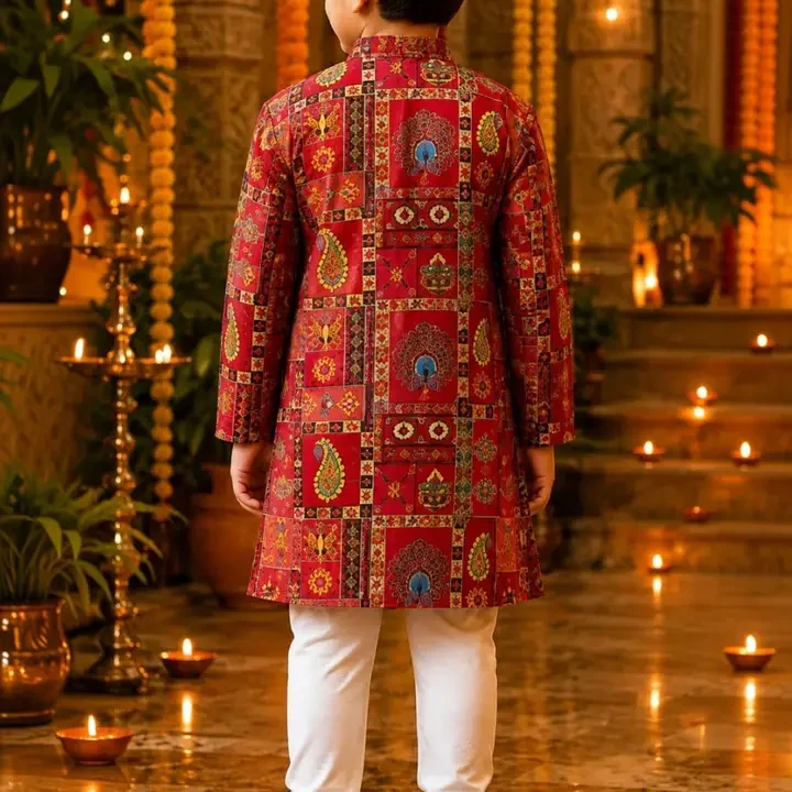 VISHESTA Boys Ethnic Motifs Printed Regular Kurta with Churidar, Red