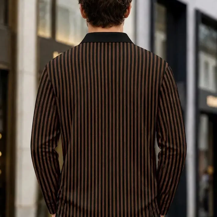 SZN Men Striped Polo Collar T-shirt, Coffee Brown
