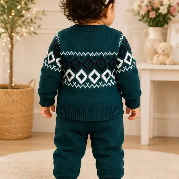 Evelly Unisex Kids Fair Isle Printed Woollen Pullover Sweater, Green