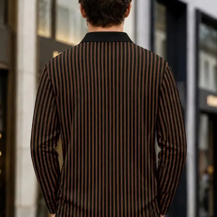 SZN Men Striped Polo Collar T-shirt, Brown